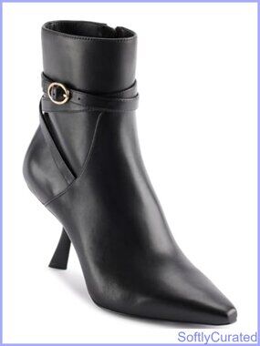 Heeled Ankle Bootie With Belt Detail And Round Toe Leather